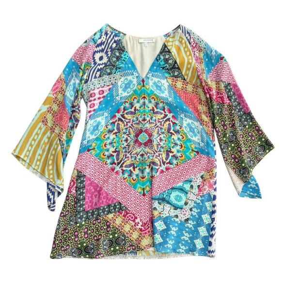 Lavender Brown Women's Multicolor Silk Bell Sleeve V-Neck Shift Dress Size Small - Picture 1 of 4